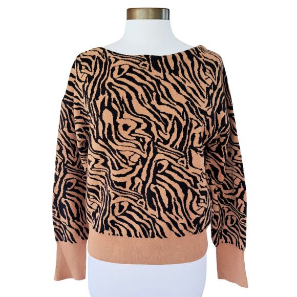 Anthropologie Maeve Animal Print Tiger Stripe Sweater Size Small Camel Tan Black - Picture 2 of 8